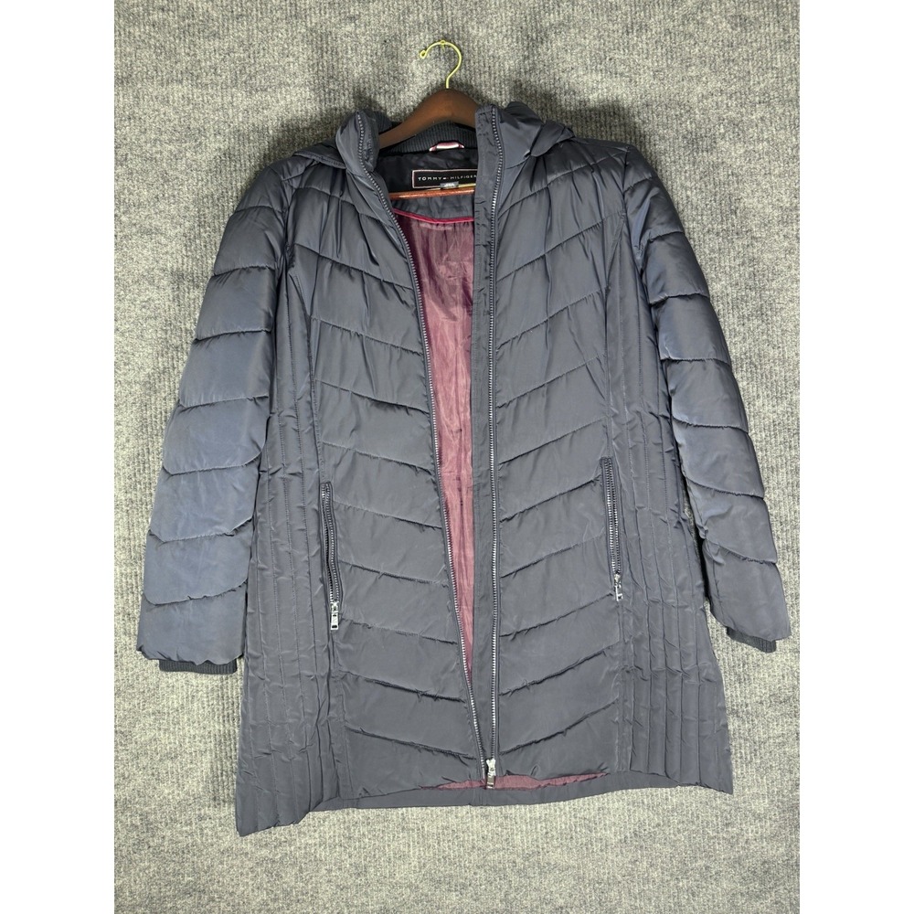 Tommy Hilfiger Women's Navy Blue Hooded Long Puffer Coat Zip XL - Picture 1 of 12